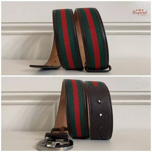 Authentic Gucci Web Canvas Brown Leather Silver Interlocking G Buckle Belt 85/34 - Picture 8 of 12